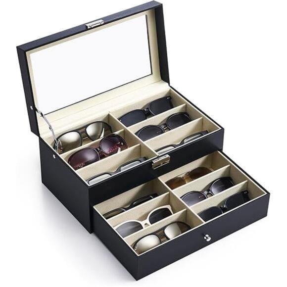 Black PU Leather Sunglasses Organizer with 12 Slots,2 Story,Lockable & Dustproof - Picture 7 of 7